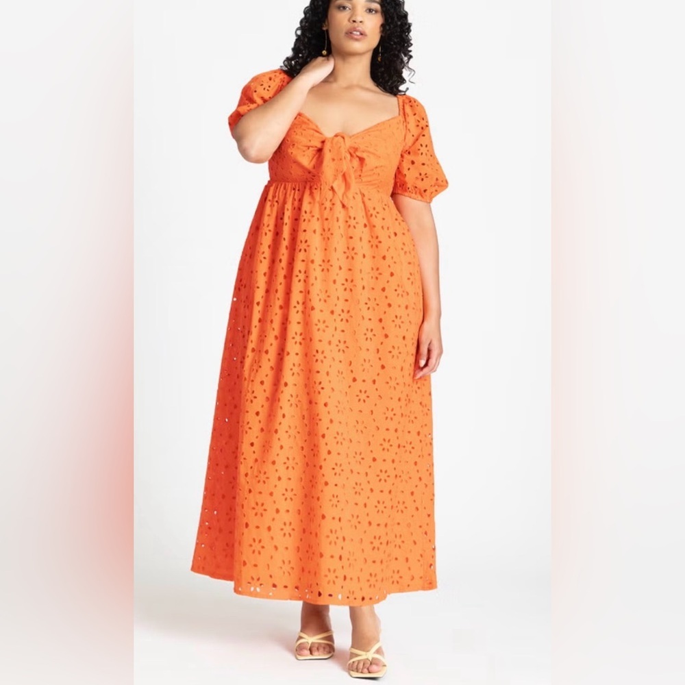 NWT Eloqui Ladies Tie Front Keyhole Orange Eyelet Romantic Maxi Dress Size 18